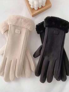 2 Pair Women's Plush Lined Thermal Cycling Gloves - Fur Cuff Touchscreen Gloves, Windproof & Water-Resistant For Winter Commuting, Skiing & Dog Walking - 黑色+米色 - 查看 1