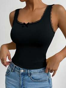 1pc Niche Bow Lace Patchwork Sleeveless Camisole Tank Top For Women, Fitted & Slimming, With Chest Pads & Backless Design - Black - View 2