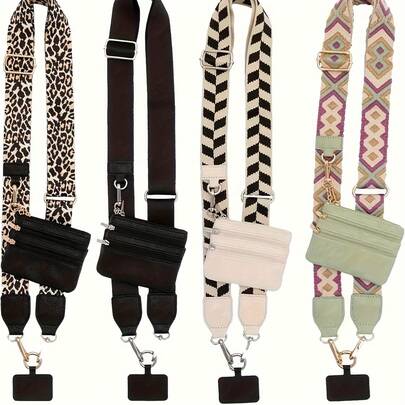 1个女士可调节斜挎手机包，带拉链袋，黑色