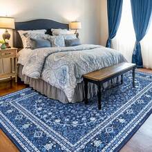 Washable Area Rug 5x7 - Soft Faux-Wool Area Rug Living Room Bedroom, Boho Vintage Floral Medallion Non-Slip Low Pile, Pet Friendly, Blue White - 藍白 - 查看 6