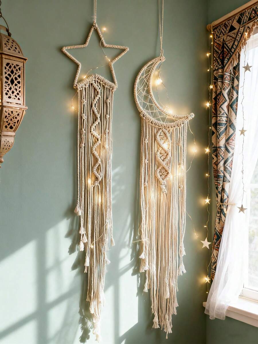 2pcs Handmade Crochet Lace Star Moon Dream Catcher Wall Hanging, Boho Style Home Decor Wall Art, Suitable For Home, Wedding, Living Room, Bedroom, Holiday Gift (Lights Not Included)