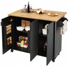 Kitchen Island, Dining Room Trolley With Wood Finish, Sideboard, 130 X 45 (75) X 92 Cm, Extendable Kitchen Trolley On Casters With Towel Rack, Spice Rack, Adjustable Dividers, 3 Doors, White/Black - Black - View 4