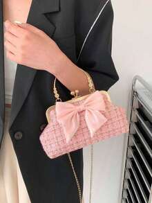 2025新款时尚亮片链条装饰女士晚宴包，手提包，单肩包，斜挎包，纯色，链条手柄包【花卉图案位置随机】