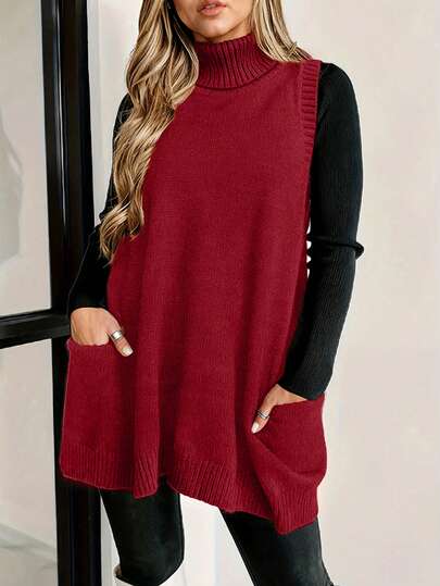 Christmas Valentine's Day Plus Size Fall And Winter Plus Size Fashion Leisure Solid Color High-Neck Pocket Mid-Length Style Design Sweater Pullover Vest Suitable For Outdoor Travel Play Photo Wearing Brunch Outfits For Women