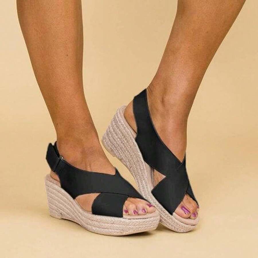 Platform Sandals For Women, Summer Women's Thick-Soled Roman Sandals Retro Wedge Espadrilles Slip On Casual Beach Shoes New Year, Spring Festival, Independence Day, Birthdays, Parties, Gifts, Christmas, Halloween - 黑色 - 查看 1