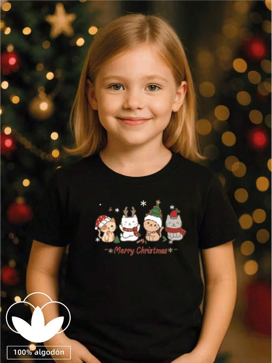 Esta nueva camiseta de manga corta para niñas, 100% algodón, luce modernos estampados de animales de Navidad, informal y versátil. Confeccionada con un tejido suave y delicado con la piel, es suave con la piel sensible de tu hija, permitiéndole libertad de movimiento y comodidad durante reuniones familiares, actividades escolares o juegos al aire libre. - Negro - Ver 1
