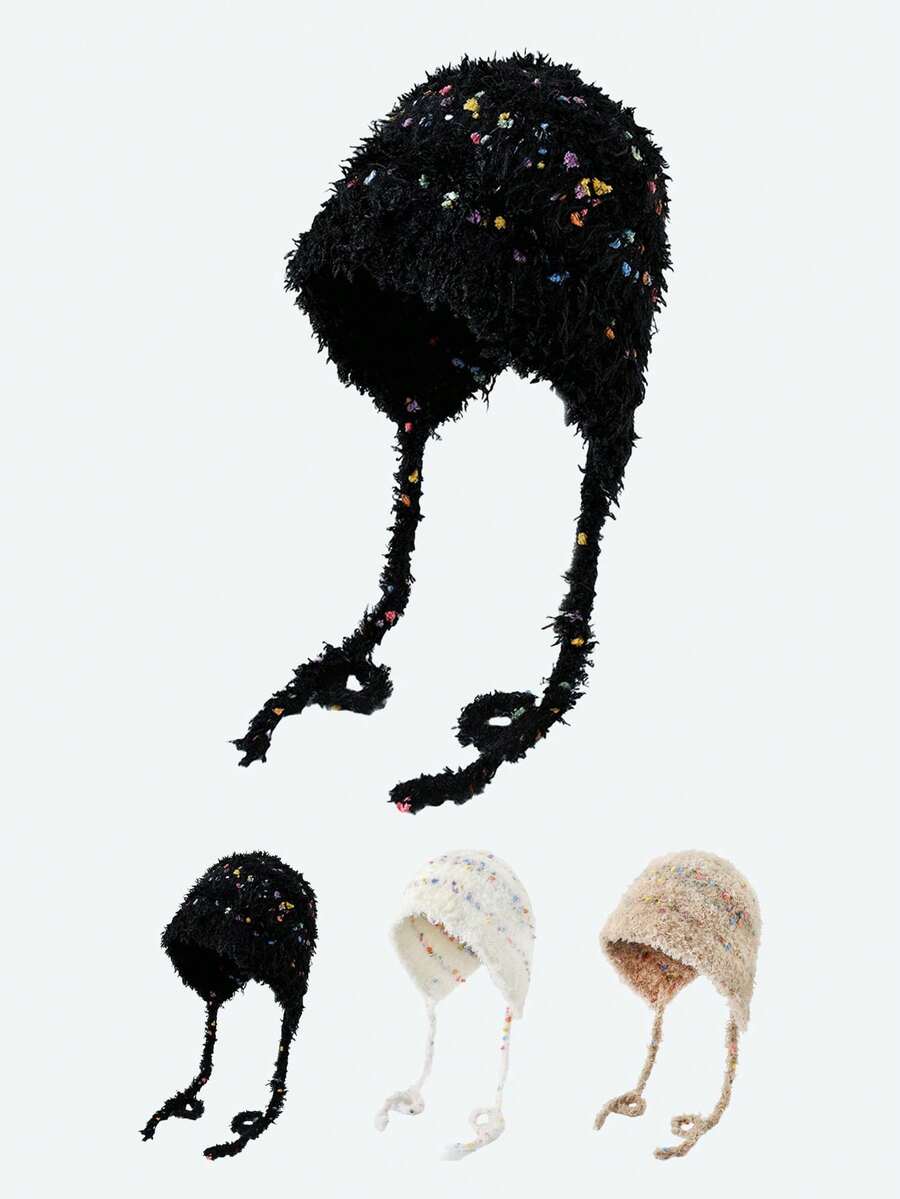 1 buc căști de pluș cu model curcubeu și bomboane, căciulă de pluș colorată de toamnă/iarnă cu buline, căciulă drăguță și versatilă cu apărători pentru urechi cu legături pentru femei, căciulă cu bile, schi, pălării pentru femei, haine de iarnă pentru femei, căciulă pentru femei, pălărie, îmbrăcăminte de schi pentru femei, pălărie de Crăciun - Multicolor - Vizualizare 1