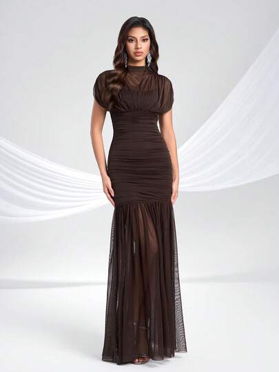 YISIKADO Women's Tulle Formal Dress, High Neck Short Sleeve Ruched Evening Gown, Elegant Party Dress Suitable For Wedding Guest, Formal Dinner, Graduation Ceremony, Birthday Party, Anniversary, Homecoming, Celebration, Concert, Ceremony