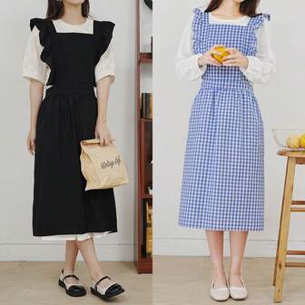 1 PC Apron, Vintage Style Women's Large Size Ruffle 2 Pockets Adjustable Pleated Lace Up Anti-Fouling Smock, Suitable For Home Cleaning/Kitchen Baking/Outdoor Activities/Restaurant, Coffee Shop, Flower Shop, Art Studio, Beauty Salon And Other Workplaces