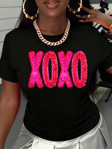 Xoxo Glitter Print White T Shirt Women Fashion Casual Top Sparkle Letter Design Short Sleeve Crew Neck Tee For Everyday Wear - 黑色 - 查看 2