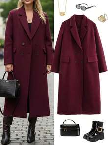 Women's Elegant Turndown Collar Fashion Commuter Casual Wool Blend Coat, Suitable For New Year, Wine Red - Burgundy - View 1