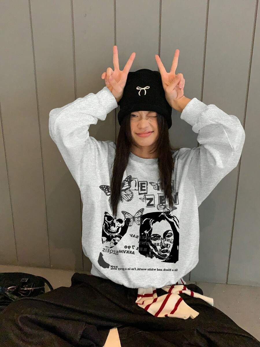 Women Vintage Portrait & Letter Print Crew Neck Sweatshirt, Casual Loose Fit Long Sleeve Top, Suitable For Spring And Autumn - Gray - View 1