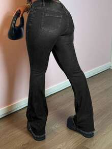 Chicsale Women's High Waisted Ripped Flared Jeans With Frayed Hem And Whiskering Distress Stylish Denim Pants For Fashionable Women Casual Wear Perfect For Everyday Outfits - 黑色 - 查看 6