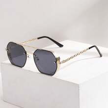 1 chiếc kính mát thời trang gọng kim loại đa giác cầu đôi cho nữ - Mảnh màu đen và xám khung vàng - Xem 1