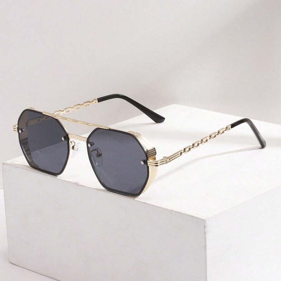 1 chiếc kính mát thời trang gọng kim loại đa giác cầu đôi cho nữ - Mảnh màu đen và xám khung vàng - Xem 1
