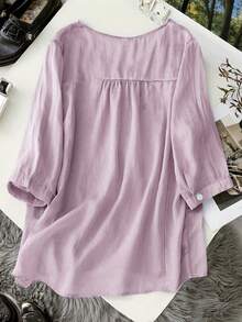 Women's Lightweight Botanical Embroidery Vintage Loose Blouse Top, Spring & Summer - Mauve Purple - View 2