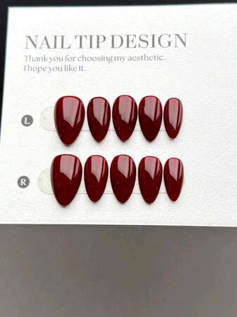 10-delade handgjorda bärbara nageltips, korta mandelformade lösnaglar, söt och lyxig stil, släta och glänsande rent röda lösnaglar, lämpliga för kvinnor och flickor för dagligt och festligt bruk