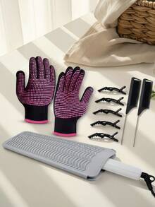 Heat Resistant Gloves, 2 Pcs Professional Heat Gloves For Hair Styling Silicone Hot Mat 5 Pcs Hair Clips And 2 Pcs Styling Comb - Multicolor - View 1