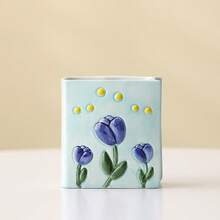 花朵造型笔筒化妆刷收纳罐陶瓷桌面可爱文具收纳架，适合女孩、办公室、学生使用 - 彩色 - 查看 4