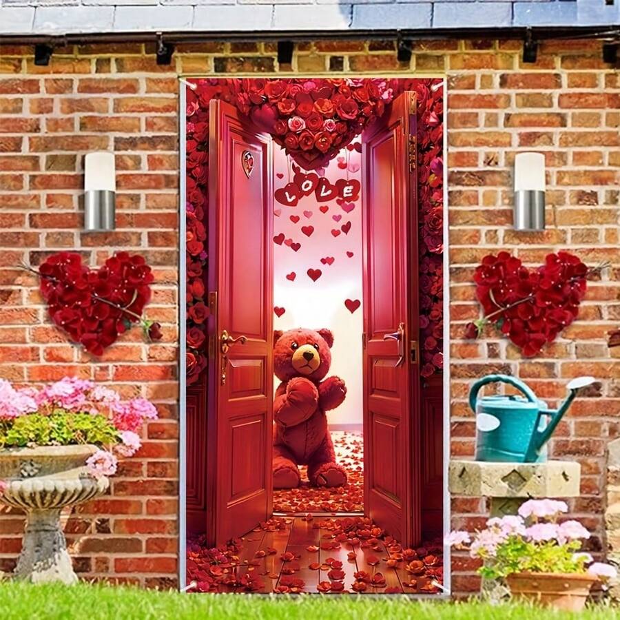1pc Red Teddy Bear & Rose Garland Door Banner (35.4 Inch * 70.8 Inch/90cm * 180cm), Polyester Door Decor, Room Decoration, Party Hanging Banner, Holiday Decor, Party Supplies, Indoor Decoration