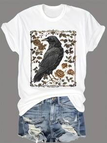 Retro Floral And Crow Pattern Print + Short Sleeve + Round Neck T-Shirt + Spring Summer Women's Clothing - White - View 2