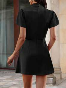 Plus Size Women's Stand Collar Ruffle Sleeve A-Line Short Dress - Black - View 2