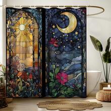 1pc Moon & Sun Pattern Semi-Transparent Waterproof Shower Curtain, Bathroom Thermal Insulation Curtain With Lining, Comes With Plastic Hooks And Metal Grommets For Durability - Multicolor - View 1