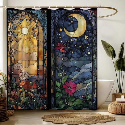 1 st. halvtransparent vattentätt duschdraperi med måne- och solmönster, värmeisolerande duschdraperi med foder för badrum, levereras med plastkrokar och metallöljetter för hållbarhet