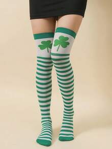 Women's Festive Patterned Over-The-Knee Socks, Holiday Themed Knitted Stockings, Elastic Top Celebration Legwear, Gift-Ready Party Socks