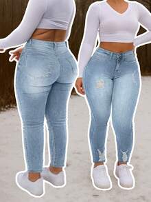 Plus Size Washed Denim Ripped Skinny Jeans With Medium Stretch For Curvy Figures - Blue - View 1