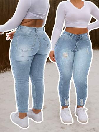 Plus Size Washed Denim Ripped Skinny Jeans With Medium Stretch For Curvy Figures