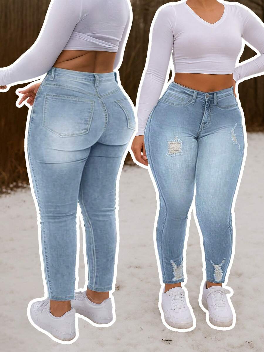 Plus Size Washed Denim Ripped Skinny Jeans With Medium Stretch For Curvy Figures - Blue - View 1