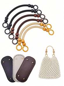 Crochet Bag Bottom With Beaded Bag Handles, Oval Pu Leather Bag Bottom Base Pad Shaper Purse Handles Replacement For Diy Customed Bag Shoulder Bags Purse Making,Ackage Includes 1 Pack Of Oval Long Imitation Leather Bag Bottom And 2 Packs Of Wooden Beaded Replacement Bag Handles; Perfect Kit To Meet Your Demand Of Diy Bag - Multicolor - View 1