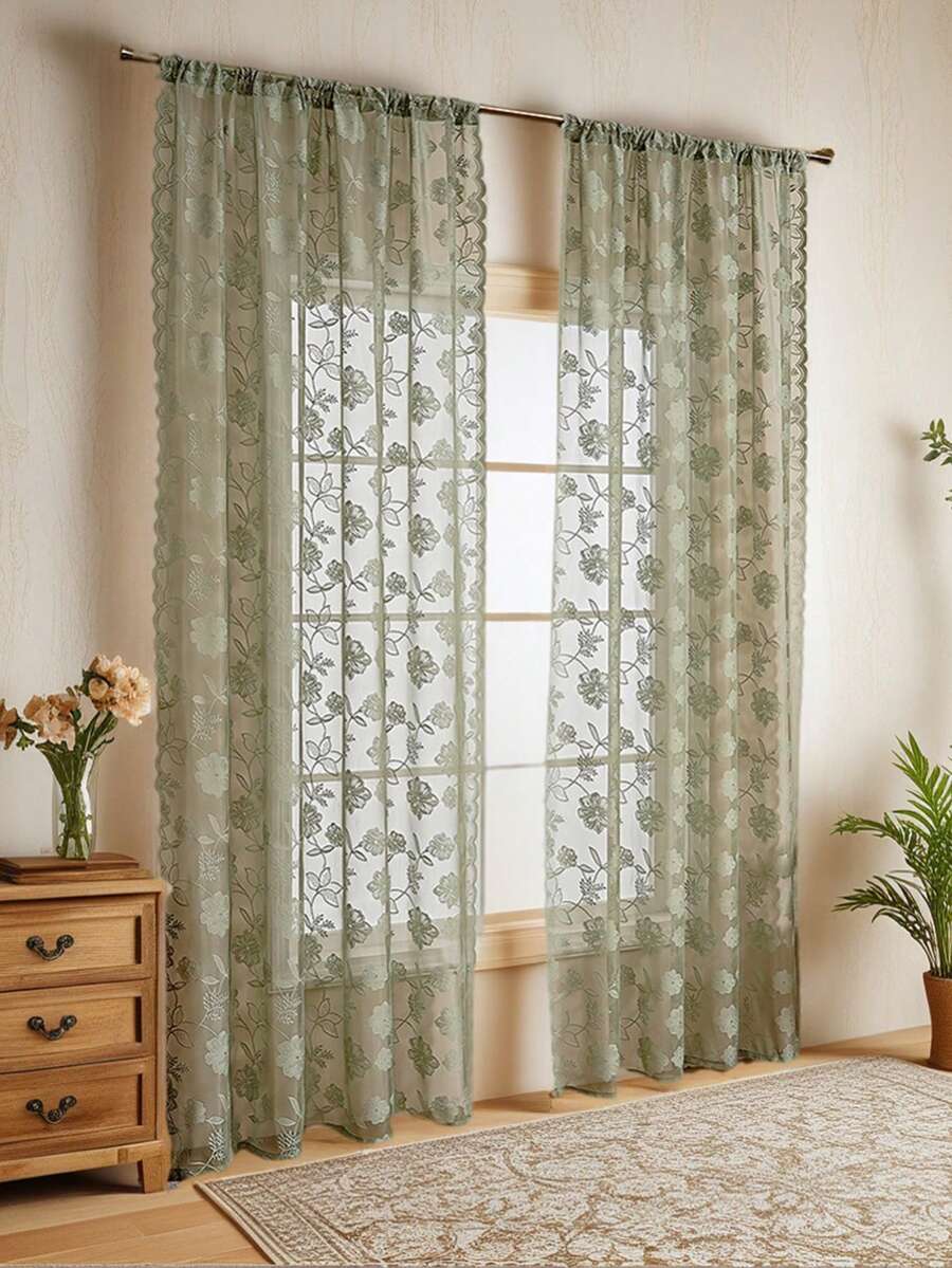 1 pieza Panel de cortina transparente decorativa de estilo pastoril y soñador - Flores verdes - Ver 1
