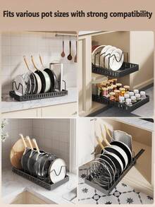 [US-Based Shipping]1pc Black Under-Cabinet Pull-Out Pot & Pan Storage Rack With Sliding Lid Holder And Pot Rack, Kitchen Lid Storage Rack, Adjustable Cookware Holder, Pot Rack Countertop Cabinet Dishware Tray, Pull-Out Storage Rack, Tiered Shelf, Multi-Level Countertop Pot Lid Holder, Under-Cabinet Pot And Pan Storage Rack, Sliding Pot Lid Holder And Cookware Rack, Pull-Out Pot And Pan Storage Rack, Kitchen Pull-Out Dish Drainer, Storage Rack, Plate Holder, Carbon Steel Shelf, Countertop Dish Rack, Large Capacity For Pots, Lids, Baking Tools, Tableware, And Cookware. Slides Into Cabinet For Storing Pots, Lids, Baking Tools, And Tableware. 8 Adjustable Shelves. - Nhiều màu - Xem 9