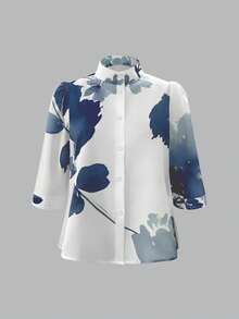 女士印花立领纽扣休闲衬衫，适合度假和夏季穿着 - 藍白色 - 查看 3