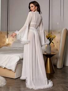 Sheer Long Robe For Women, Elegant Ruffle Trim Mesh Sleepwear With Belt, Lightweight See-Through Loungewear Cover-Up, Flowy Bell Sleeve Night Robe For Bedroom & Bridal Getting Ready (Lingerie Not Included) - 白色 - 查看 2