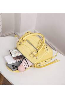 1pc Fashionable Coffee Color Patchwork Rivet, Embedded Metal Rivet, Embedded Dual Handle Adjustable Long Shoulder Strap Design, Fashionable Retro Sweet Cool Style Motorcycle Bag, Women's Handbag, Casual Low-Key Luxury Style, Women's Crossbody Bag, Suitable For Daily Outings And Shopping - Yellow - View 6
