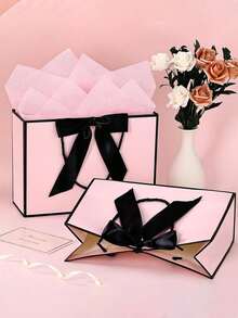 10个粉色牛皮纸礼品袋,带蝴蝶结丝带,带提手,横款纸质礼品袋,适用于婚礼感谢伴娘、男女通用,也可用于生日、婚礼、伴娘派对回礼、购物零售礼品袋 - 彩色 - 查看 3