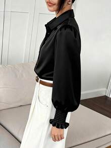 1pc Elegant Solid Color Button-Front Shirt, Suitable For Office, Holiday, Spring/Summer/Autumn - Black - View 5