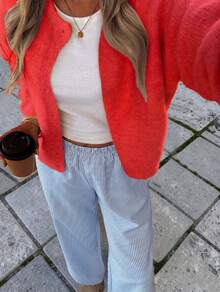 女款秋冬新款法式浪漫優雅女士寬鬆極簡時尚針織開襟上衣 - 紅色 - 查看 6