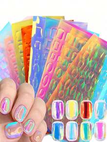 11sheets 3D Aurora Foil Laser Nail Art Stickers,Summer Glass Paper Nail Art Stickers Iridescent Cellophane Nail Designs Stickers Holographic Film Nail Art Decoration For Women Girls At Home DIY Nails Nail Supplies - 彩色 - 查看 1