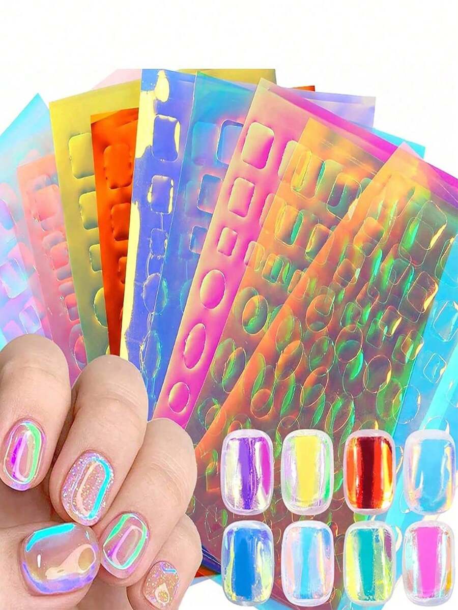 11sheets 3D Aurora Foil Laser Nail Art Stickers,Summer Glass Paper Nail Art Stickers Iridescent Cellophane Nail Designs Stickers Holographic Film Nail Art Decoration For Women Girls At Home DIY Nails Nail Supplies - 彩色 - 查看 1
