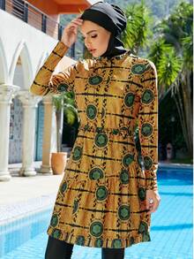 Stylish Women's Round Neck Burkini Swimwear Featuring Zipper And High Waist Bottom, Crafted From High Stretch Fabric With Unique Pattern - Yellow - View 8