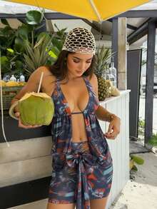 Vintage Tie-Dye Print Halter Neck Bikini Top With Tie-Front Loose Cover-Up, Lightweight Breathable Fabric For Sun Protection And Slimming Effect, Perfect For Island Getaways And Pool Parties - Multicolor - View 1