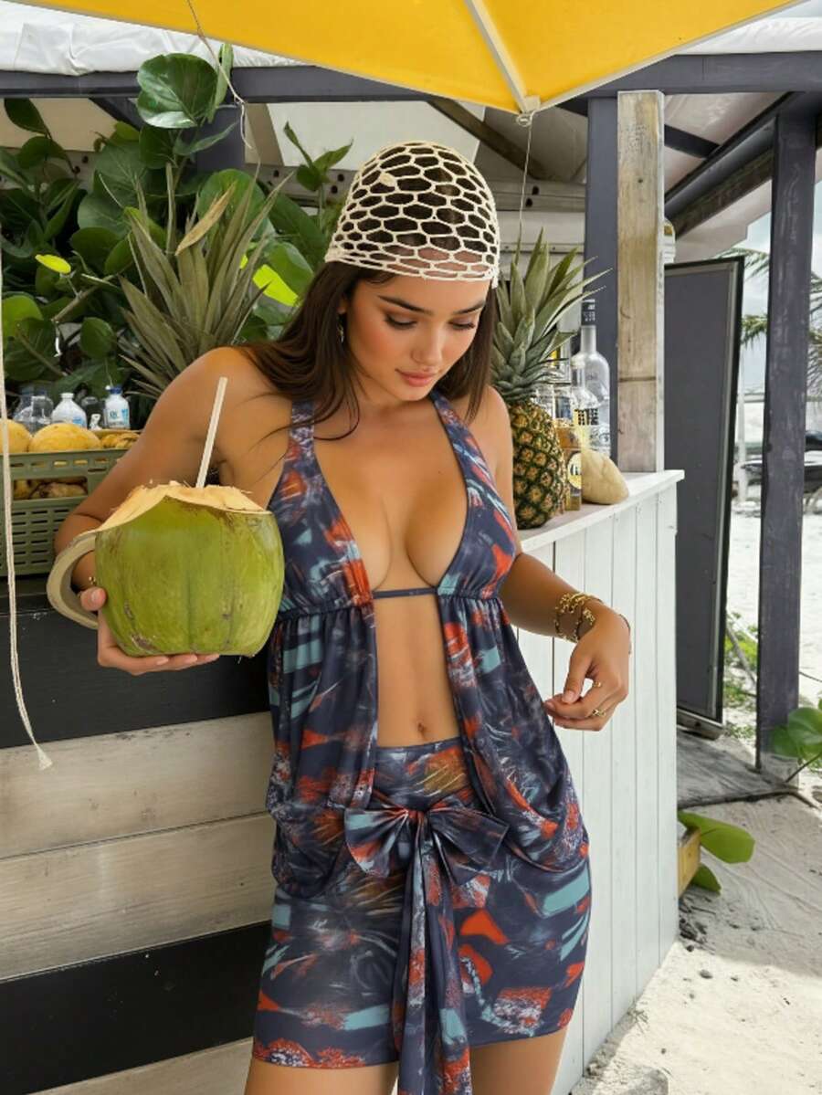 Vintage Tie-Dye Print Halter Neck Bikini Top With Tie-Front Loose Cover-Up, Lightweight Breathable Fabric For Sun Protection And Slimming Effect, Perfect For Island Getaways And Pool Parties - Multicolor - View 1