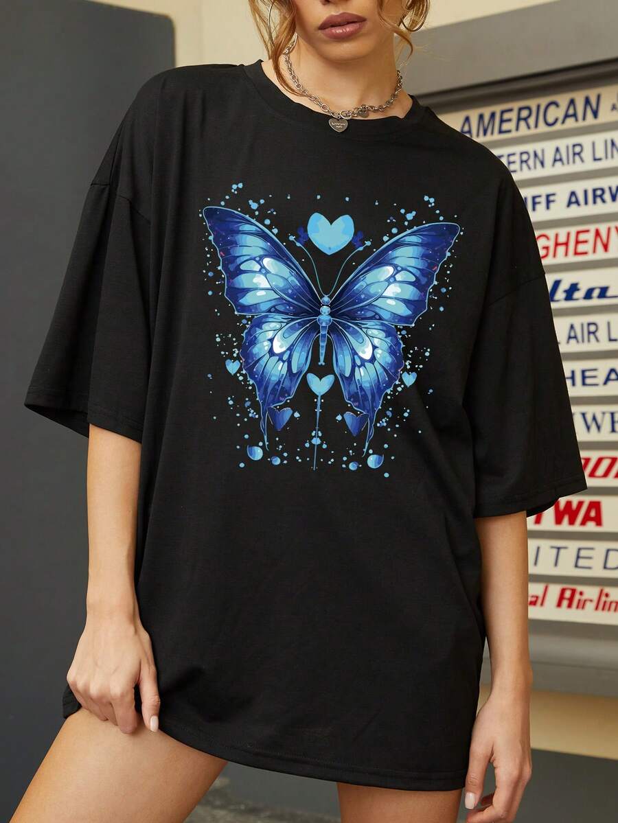 Women's Fashion Butterfly Print Graffiti T-Shirt, Suitable For Summer; Women's Solid Color Round Neck Short Sleeve Top, Casual For Daily Wear - Black - View 1