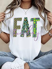 Fat Tuesday Mardi Gras Theme Graphic T Shirt Women's Casual Fashion Top Colorful Pattern Design Streetwear Style - 白色 - 查看 1