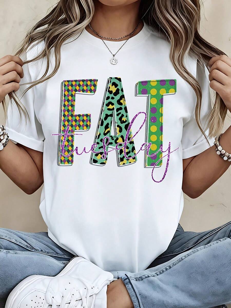 Fat Tuesday Mardi Gras Theme Graphic T Shirt Women's Casual Fashion Top Colorful Pattern Design Streetwear Style - 白色 - 查看 1
