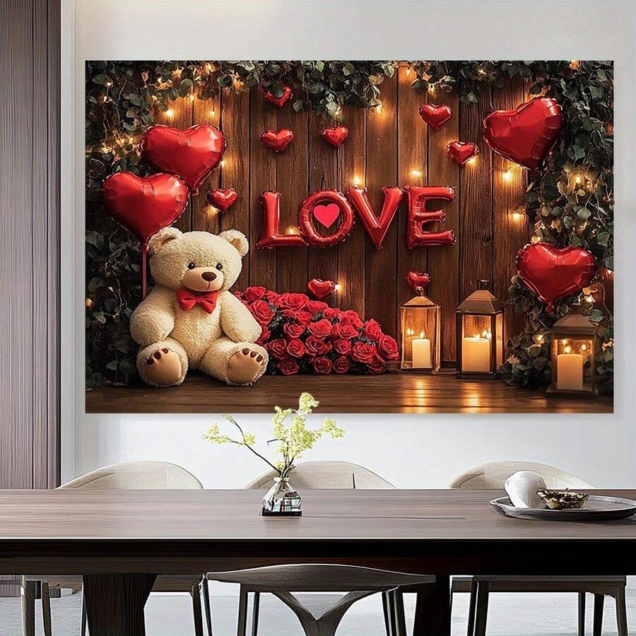 1pc Valentine's Day Background Banner, With Background Design Of Roses, Bears And "Love" Text, Polyester Fabric Suitable For Parties, Courtyards, Home Decoration, Weddings, Confession Day And Valentine's Day Theme Decorations - Multicolor - View 1